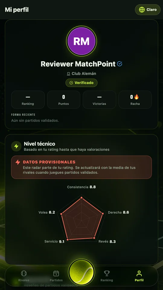 Perfil de jugador en MatchPoint